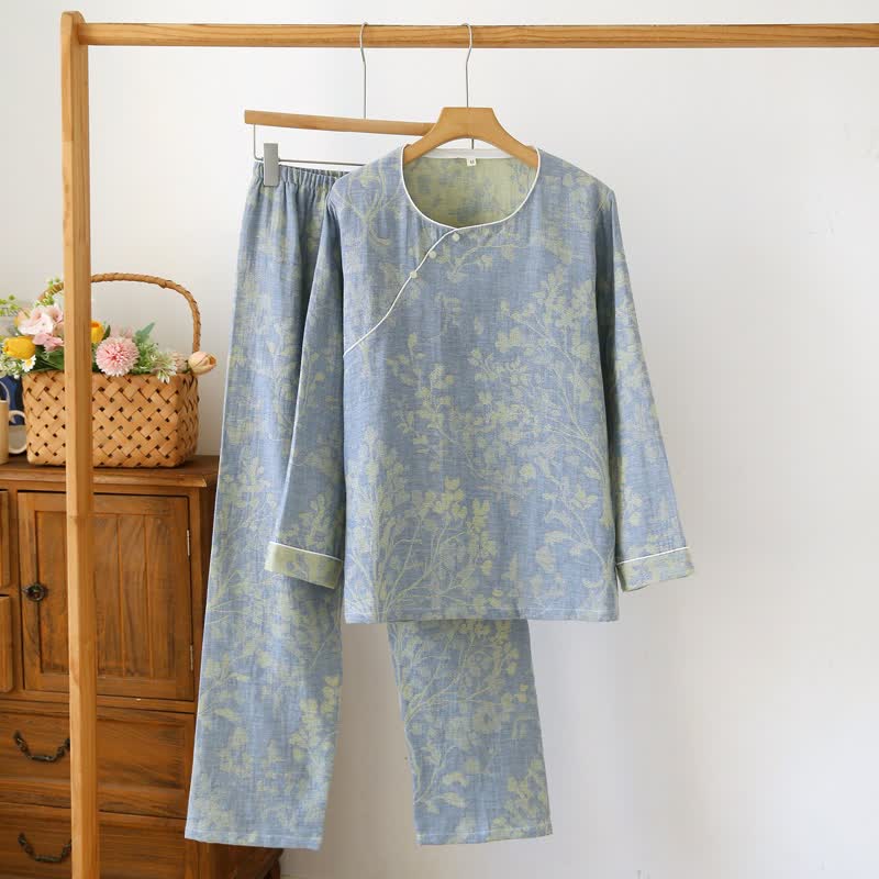 Ownkoti Eastern-Inspired Floral Cotton Pajama Set - Blue - XL - image 2