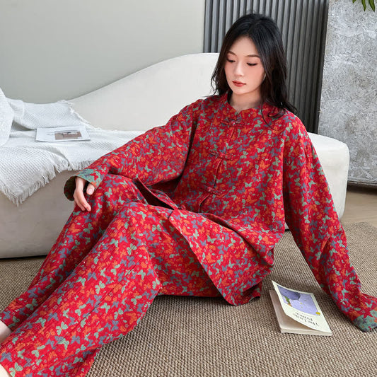 Ownkoti Plus Size Eastern-Inspired Butterfly Cotton Pajama Set - Red - 5XL - image 0