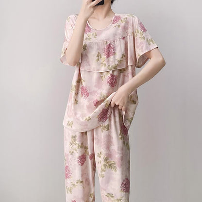 Ownkoti Round Neck Pink Chrysanthemum Pajama Set - image 4
