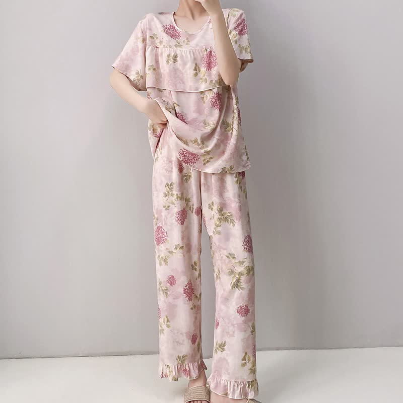 Ownkoti Round Neck Pink Chrysanthemum Pajama Set - image 2