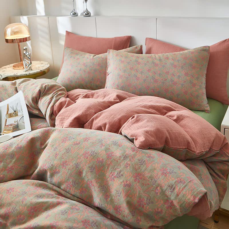 Ownkoti Cottage Floral & Leaf Cotton Double Gauze Bedding - Pink - Duvet Cover - King - image 0