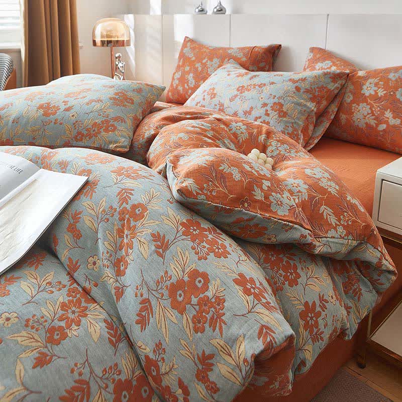 Ownkoti Orange Floral Cotton Double Gauze Bedding - Orange - Duvet Cover - King - image 0