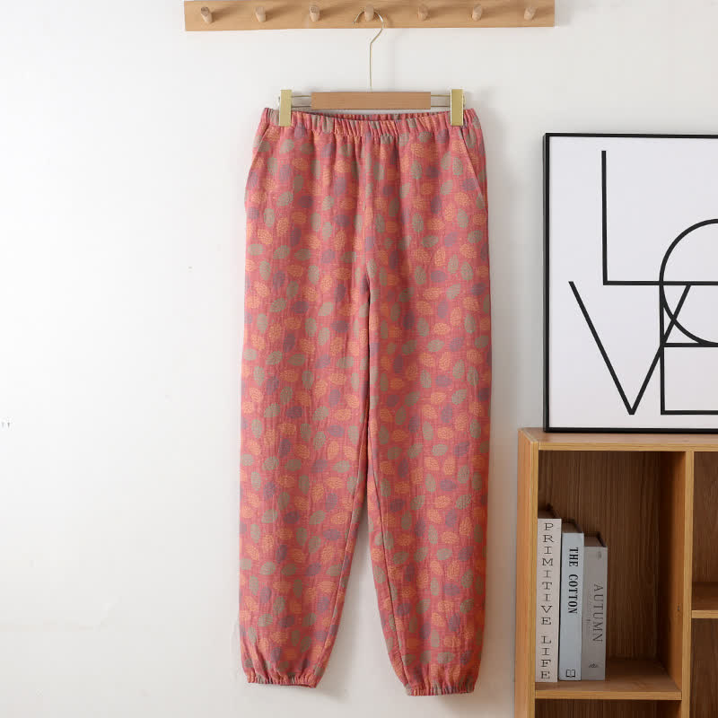 Ownkoti Leaf Cotton Gauze Jogger Pajama Pants - Pink - XXL - image 0