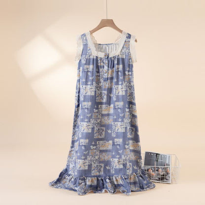 Ownkoti Cottage Butterfly Floral Cotton Sleeveless Nightgown - Blue - XL - image 0