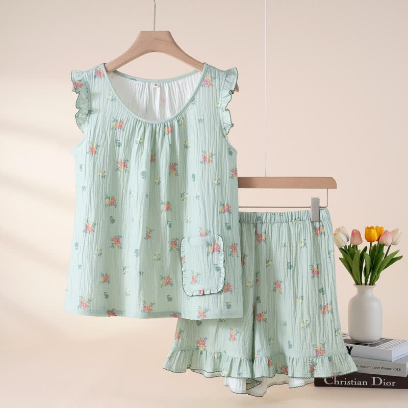 Ownkoti Floral Cotton Gauze Flutter Sleeve Pajama Set - Green - XL - image 0