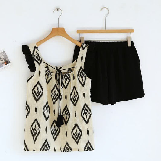 Ownkoti Boho Cotton Gauze Flutter Sleeve Pajama Set - Beige - XL - image 0