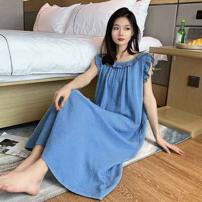 Ownkoti Plus Size Minimalist Cotton Ruffle Sleeveless Nightgown - Blue - 5XL - image 16