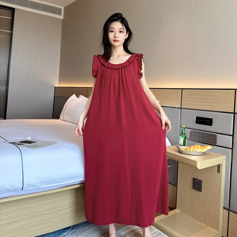 Ownkoti Plus Size Minimalist Cotton Ruffle Sleeveless Nightgown - Wine - 5XL - image 0