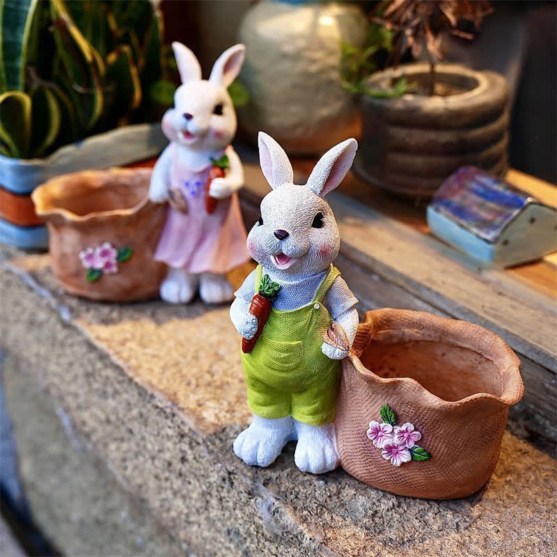 Ownkoti Resin Bunny Garden Succulent Planter Pot - Set (1 x Female White Rabbit & 1 x Male White Rabbit) - 2PCS - 8"H - image 0