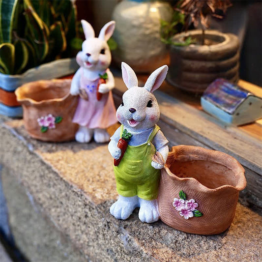 Ownkoti Resin Bunny Garden Succulent Planter Pot - Set (1 x Female White Rabbit & 1 x Male White Rabbit) - 2PCS - 8"H - image 0