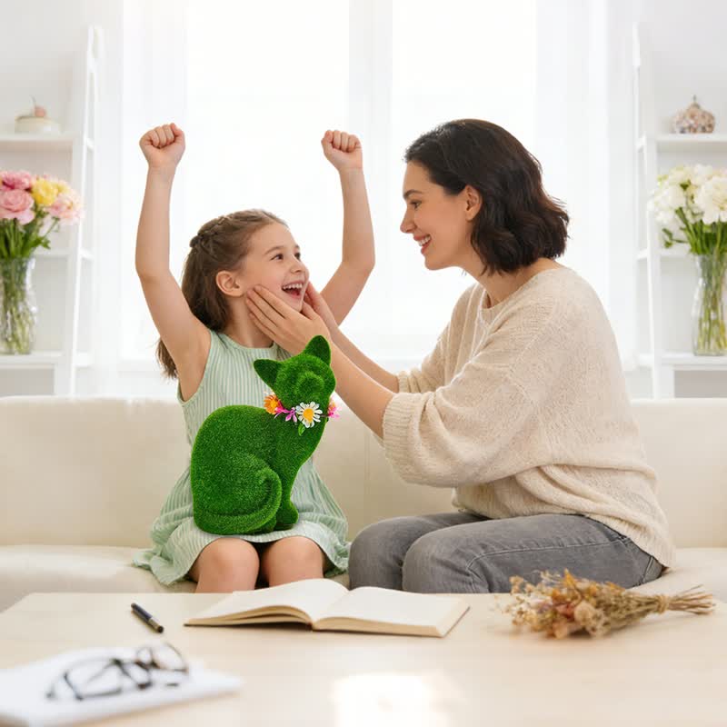 Ownkoti Green Flocked Cat Figurine with Floral Wreath - image 9