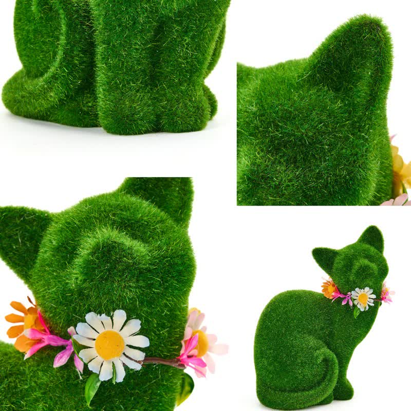 Ownkoti Green Flocked Cat Figurine with Floral Wreath - image 11