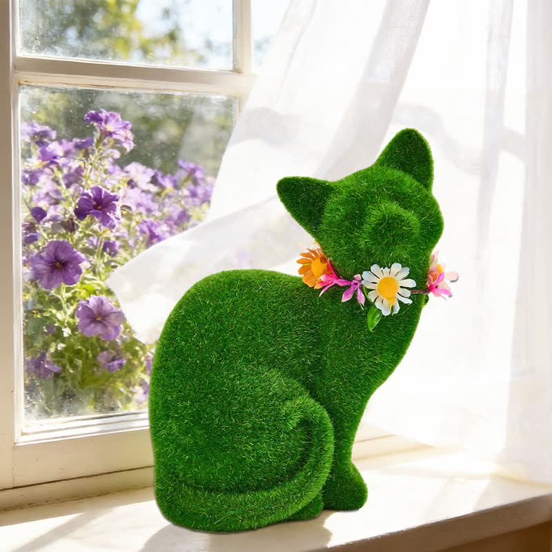 Ownkoti Green Flocked Cat Figurine with Floral Wreath - image 6