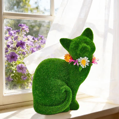 Ownkoti Green Flocked Cat Figurine with Floral Wreath - image 6