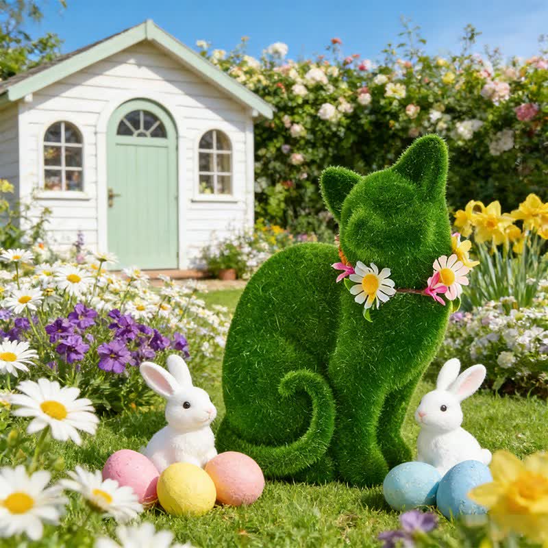 Ownkoti Green Flocked Cat Figurine with Floral Wreath - image 1