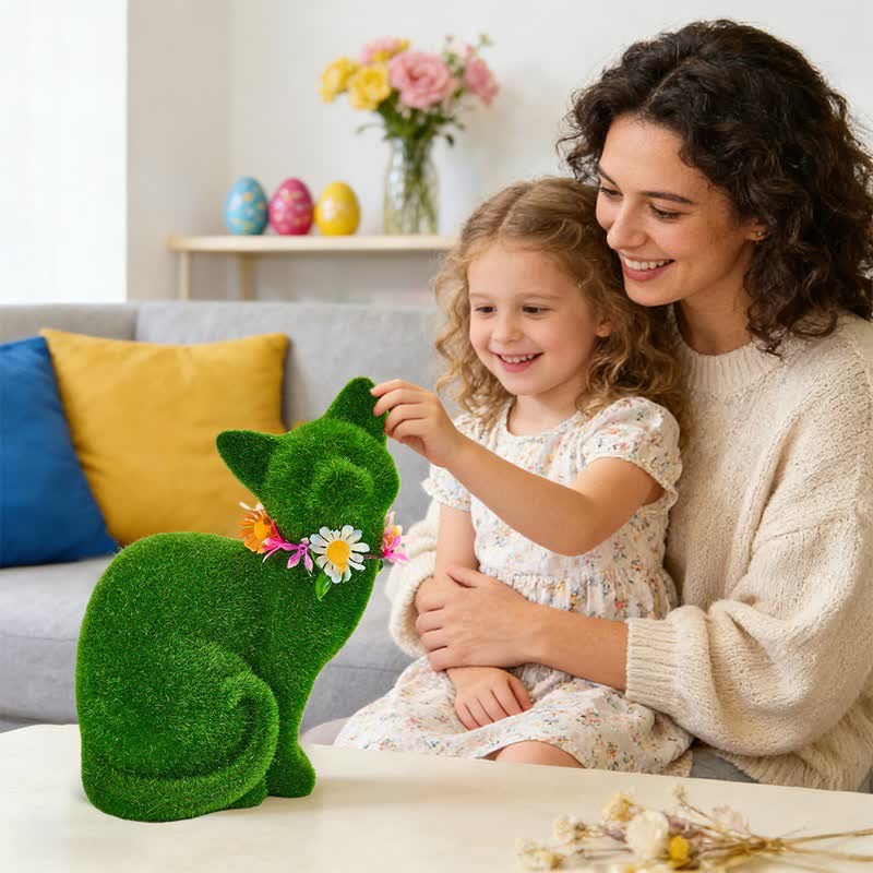 Ownkoti Green Flocked Cat Figurine with Floral Wreath - image 8