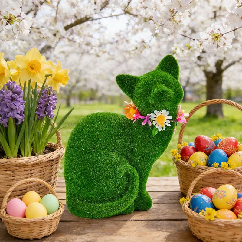 Ownkoti Green Flocked Cat Figurine with Floral Wreath - image 3