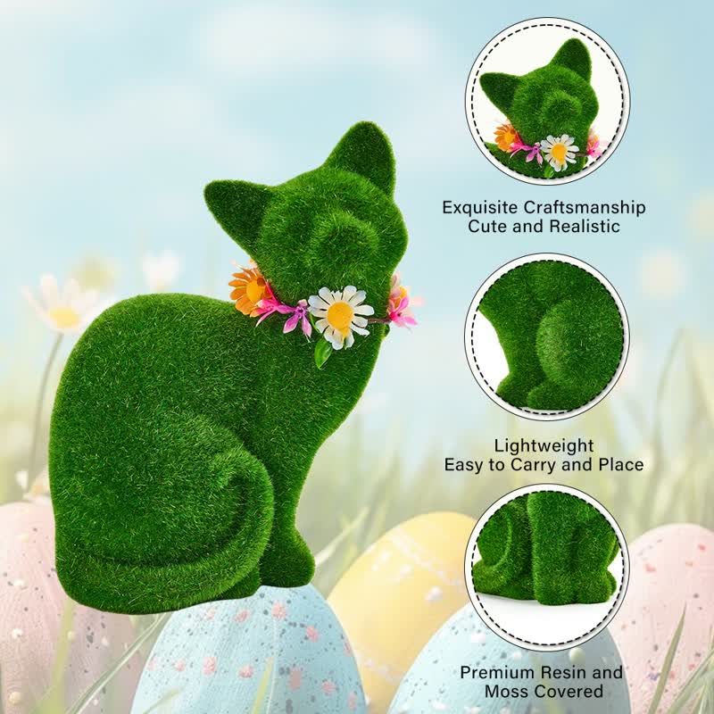 Ownkoti Green Flocked Cat Figurine with Floral Wreath - image 12