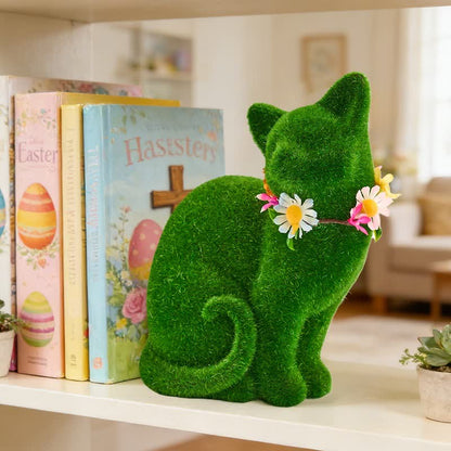 Ownkoti Green Flocked Cat Figurine with Floral Wreath - image 7