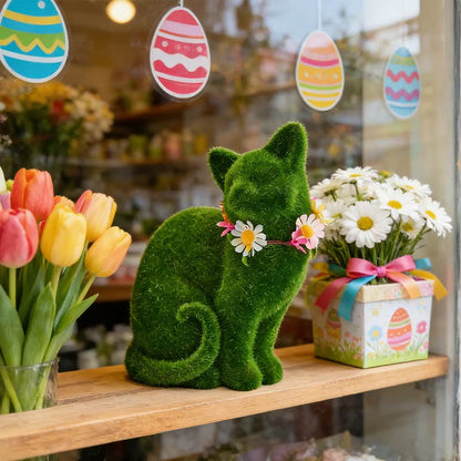 Ownkoti Green Flocked Cat Figurine with Floral Wreath - image 5