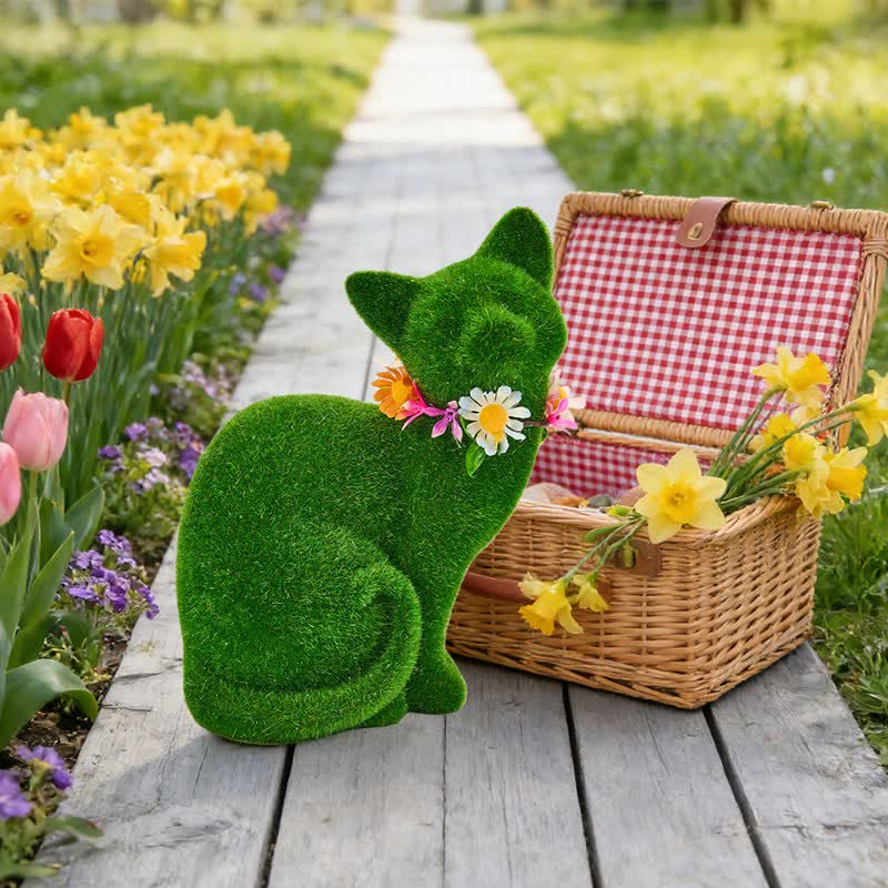 Ownkoti Green Flocked Cat Figurine with Floral Wreath - image 4