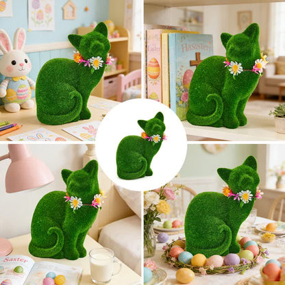 Ownkoti Green Flocked Cat Figurine with Floral Wreath - image 10