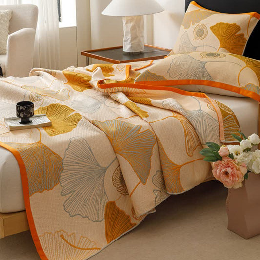 Ownkoti Ginkgo Leaf Cotton Gauze Quilt Blanket - Quilt with 2PCS Pillow Towels - Queen - image 0