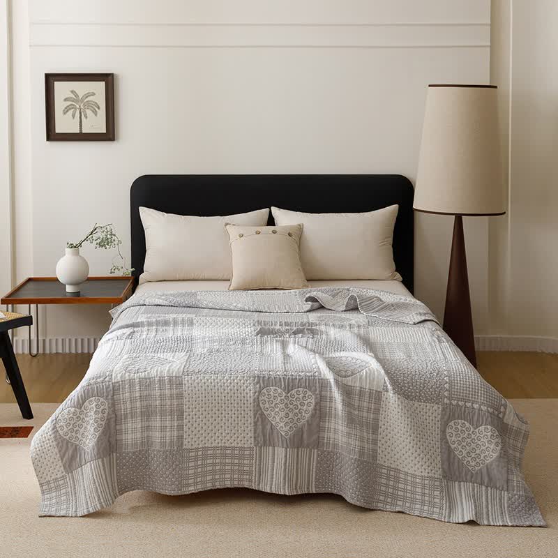 Ownkoti Patchwork Style Heart Cotton Gauze Quilt Blanket - Gray - Queen - image 0