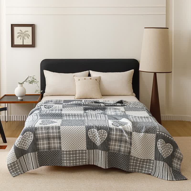 Ownkoti Patchwork Style Heart Cotton Gauze Quilt Blanket - Blue - Queen - image 9