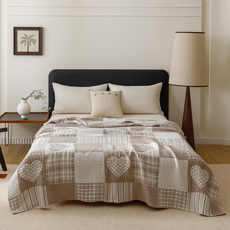 Ownkoti Patchwork Style Heart Cotton Gauze Quilt Blanket - Coffee - Queen - image 8