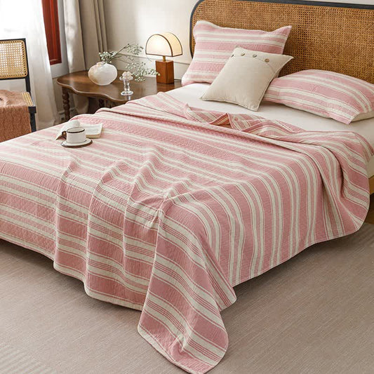 Ownkoti Minimalist Striped Cotton Gauze Quilt Blanket - Pink - Quilt with 2PCS Pillow Towels - King - image 0