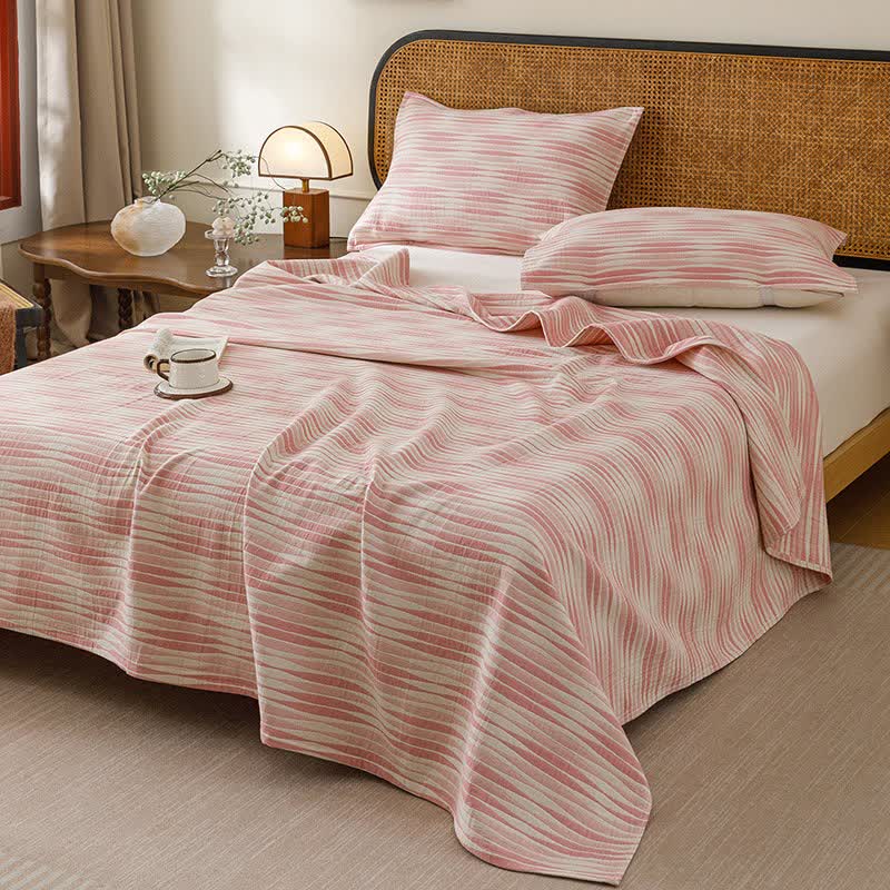 Ownkoti Curved Wave Cotton Gauze Quilt Blanket - Pink - Quilt with 2PCS Pillow Towels - King - image 0