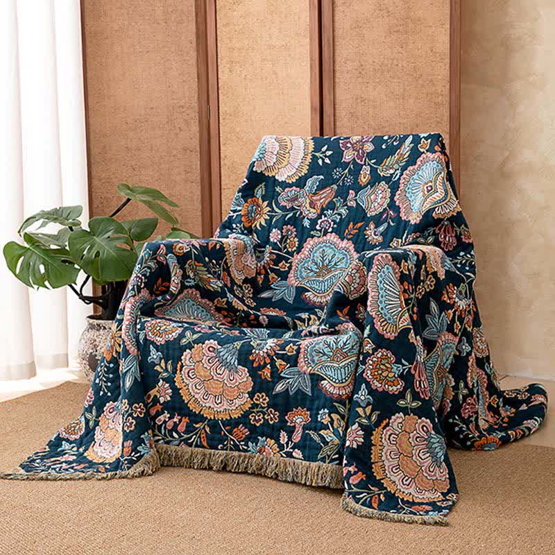 Ownkoti Boho Floral Tassel Cotton Blanket - 90"W x 98"L - image 0