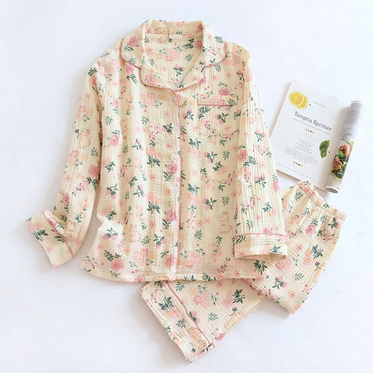 Ownkoti Pink Floral & Bunny Cotton Gauze Pajamas - Beige - XL - image 0