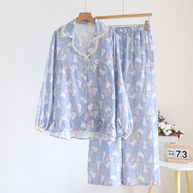 Ownkoti Bunny & Bow Cotton Gauze Pajama Set - Blue - XL - image 0
