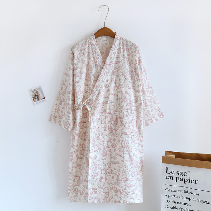 Ownkoti Mushroom & Bunny Cotton Gauze Kimono Robe - Red - L - image 2