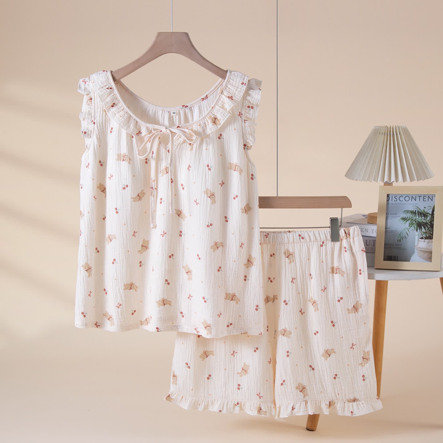 Ownkoti Cherry & Bunny Cotton Gauze Pajama Set - Beige - XL - image 0