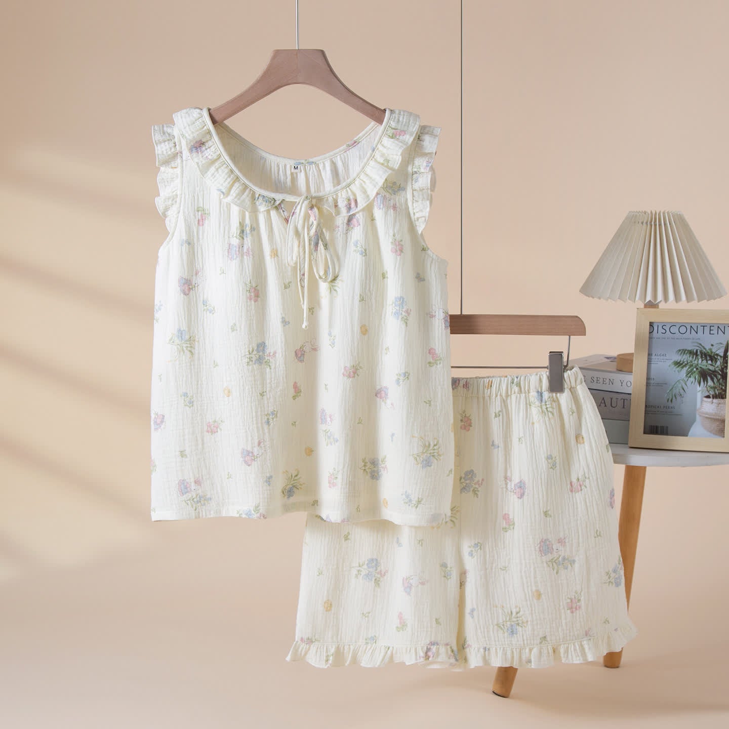 Ownkoti Cartoon Bunny & Floral Cotton Gauze Pajamas - Beige - XL - image 0