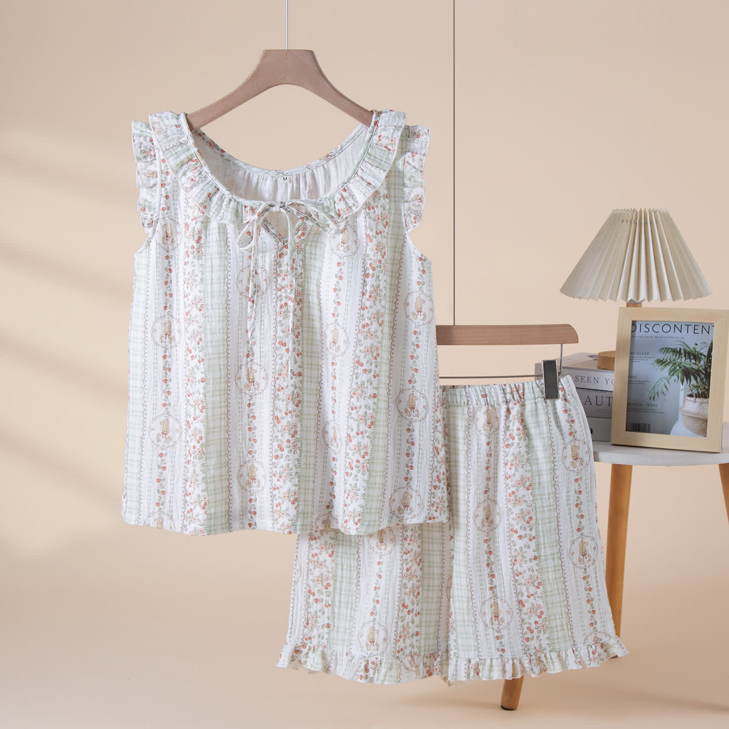 Ownkoti Floral Striped Bunny Cotton Gauze Pajamas - Green - XL - image 0