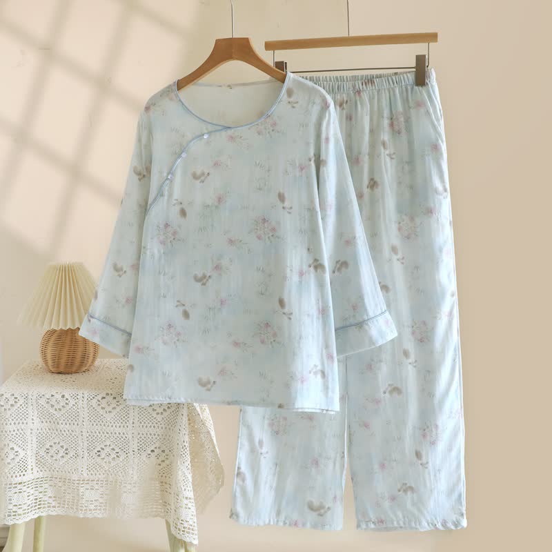 Ownkoti Elegant Bunny & Floral Cotton Gauze Pajama Set - Green - XL - image 0