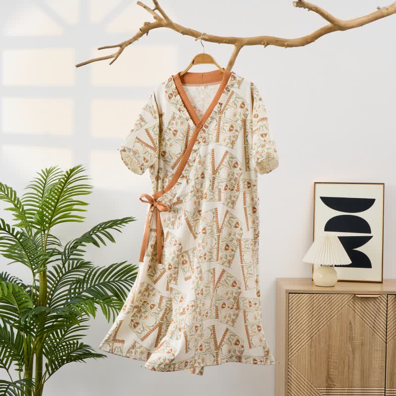 Ownkoti Vintage Pattern Ruffled Collar Side-Tie Nightgown - Orange - XXL - image 0