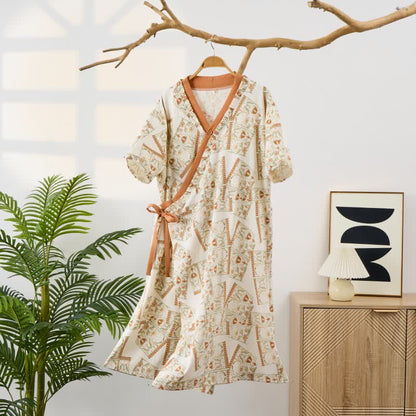 Ownkoti Vintage Pattern Ruffled Collar Side-Tie Nightgown - Orange - XXL - image 0