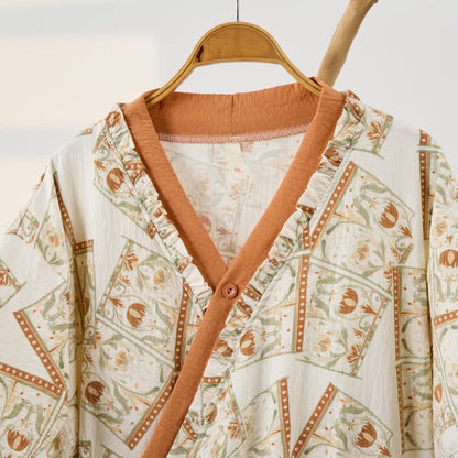 Ownkoti Vintage Pattern Ruffled Collar Side-Tie Nightgown - image 2