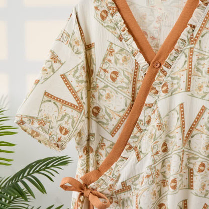 Ownkoti Vintage Pattern Ruffled Collar Side-Tie Nightgown - image 3