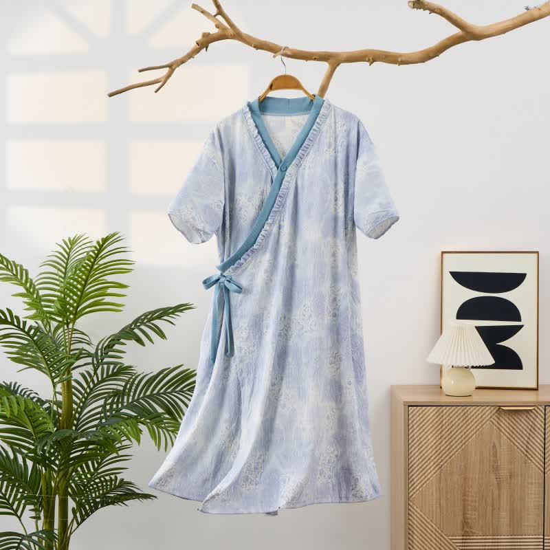 Ownkoti Artistic Vintage Ruffled Collar Side-Tie Nightgown - Blue  - XXL - image 0