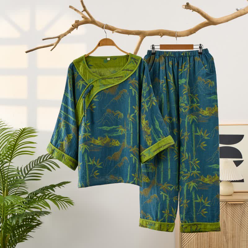 Ownkoti Bamboo Oriental Tassel Cotton Pajama Set - Blue - 2XL - image 0