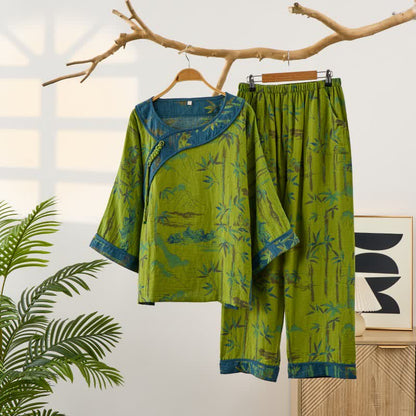 Ownkoti Bamboo Oriental Tassel Cotton Pajama Set - Green - 2XL - image 7
