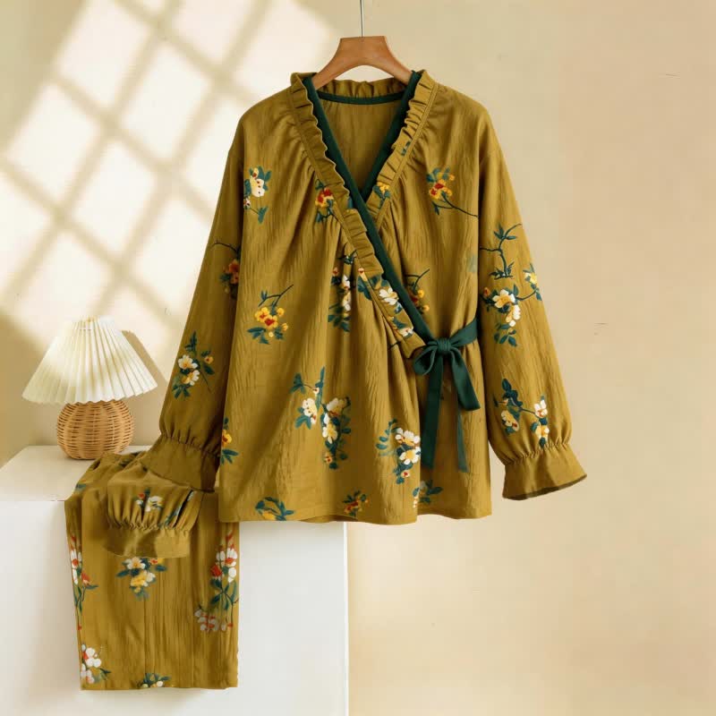 Ownkoti Ruffled Neck Green Floral Pajama Set - Green - XL - image 0