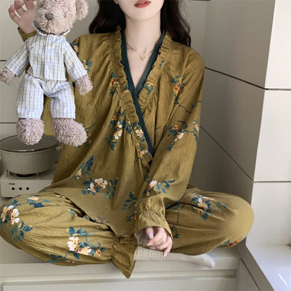Ownkoti Ruffled Neck Green Floral Pajama Set - image 1