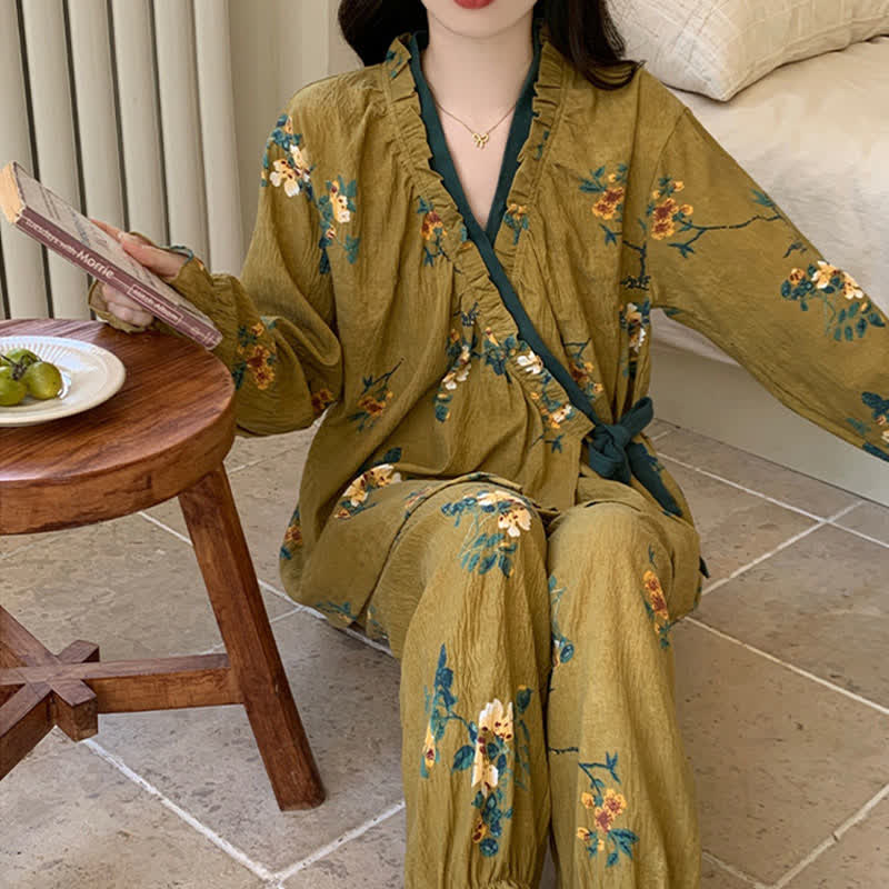 Ownkoti Ruffled Neck Green Floral Pajama Set - image 3